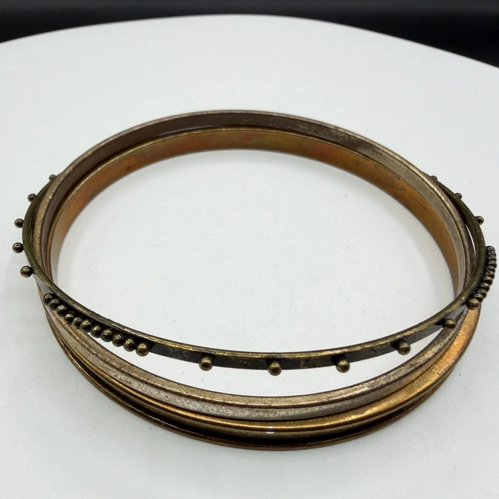 Brass Tone Multi Band Bangle Bracelet Beaded Dot Boho Tribal Statement Jewelry